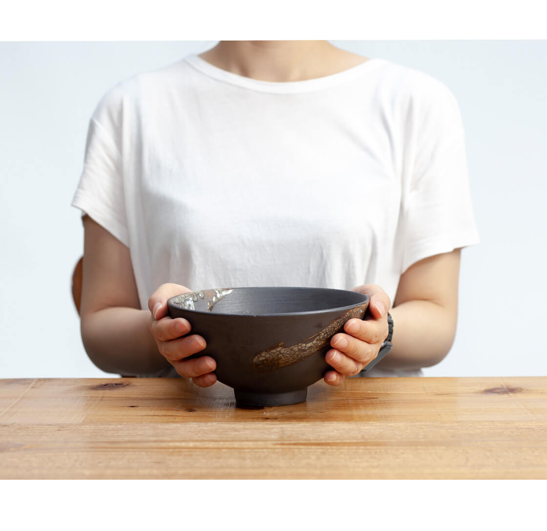 丹波焼 丹波立杭焼 丹文窯 大西雅文 黒釉 ガラス釉 ラーメン鉢 丼鉢