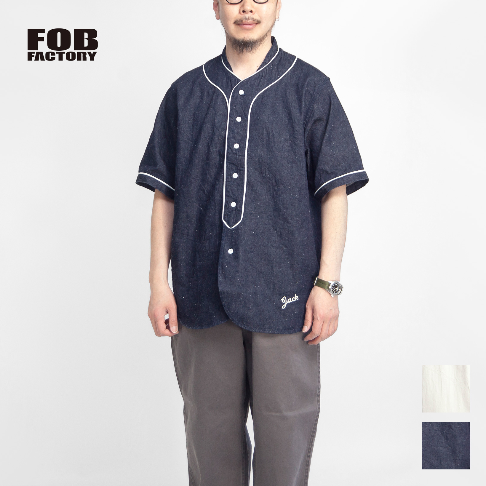 FOBファクトリー FOB FACTORY 綿麻デニム ベースボールシャツ 日本製