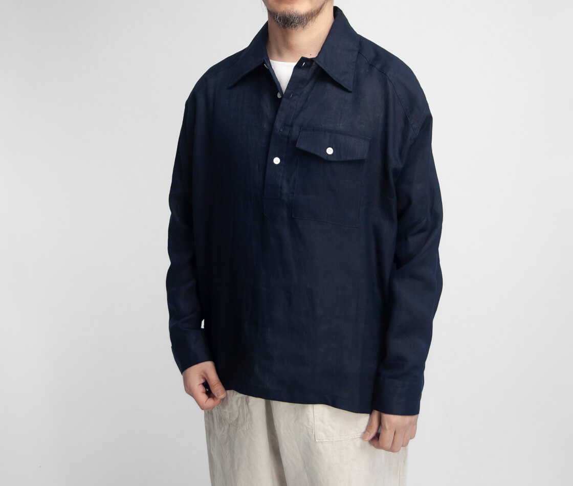 LAOTOUR 麻100％ フレンチリネン プルオーバー長袖シャツ コリアシャツ メンズ