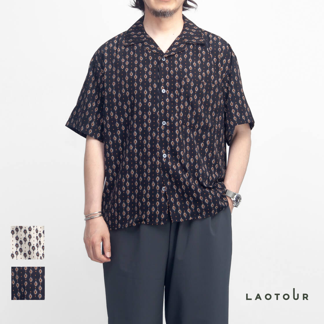 値下げ中、新品、オーラリー、半袖シャツ LAOTOUR 小紋柄 オープンカラー半袖シャツ 総柄 開襟 メンズ