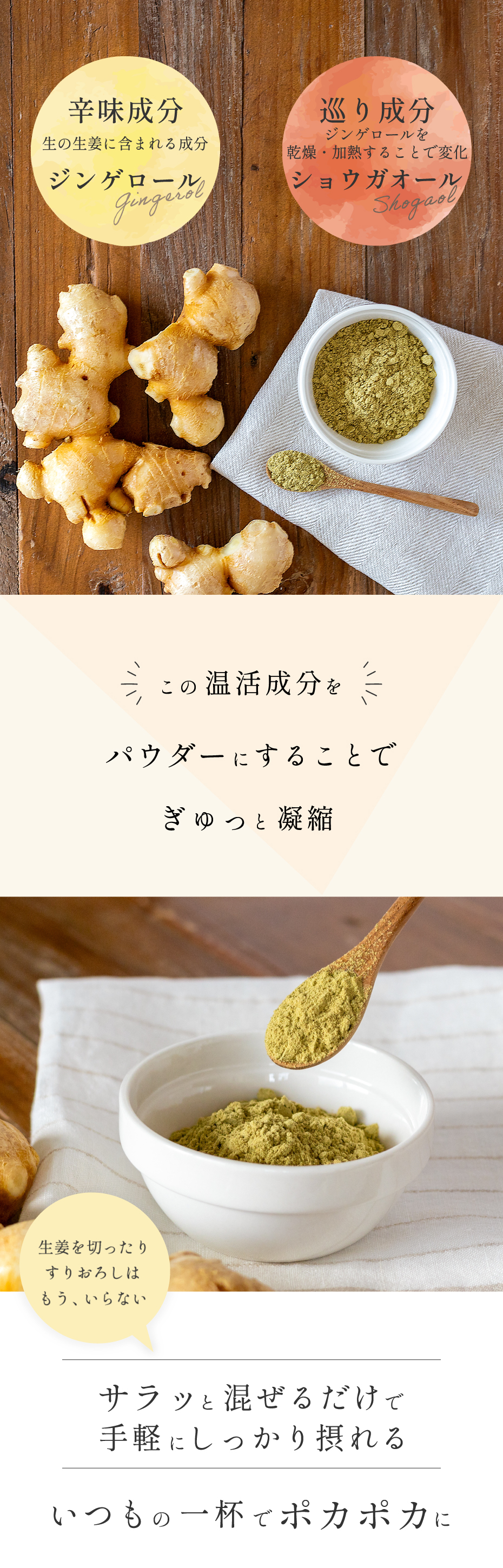 ジンゲロール ショウガオール パウダーにすることでぎゅっと凝縮 サラッと混ぜるだけで手軽にしっかり摂れる