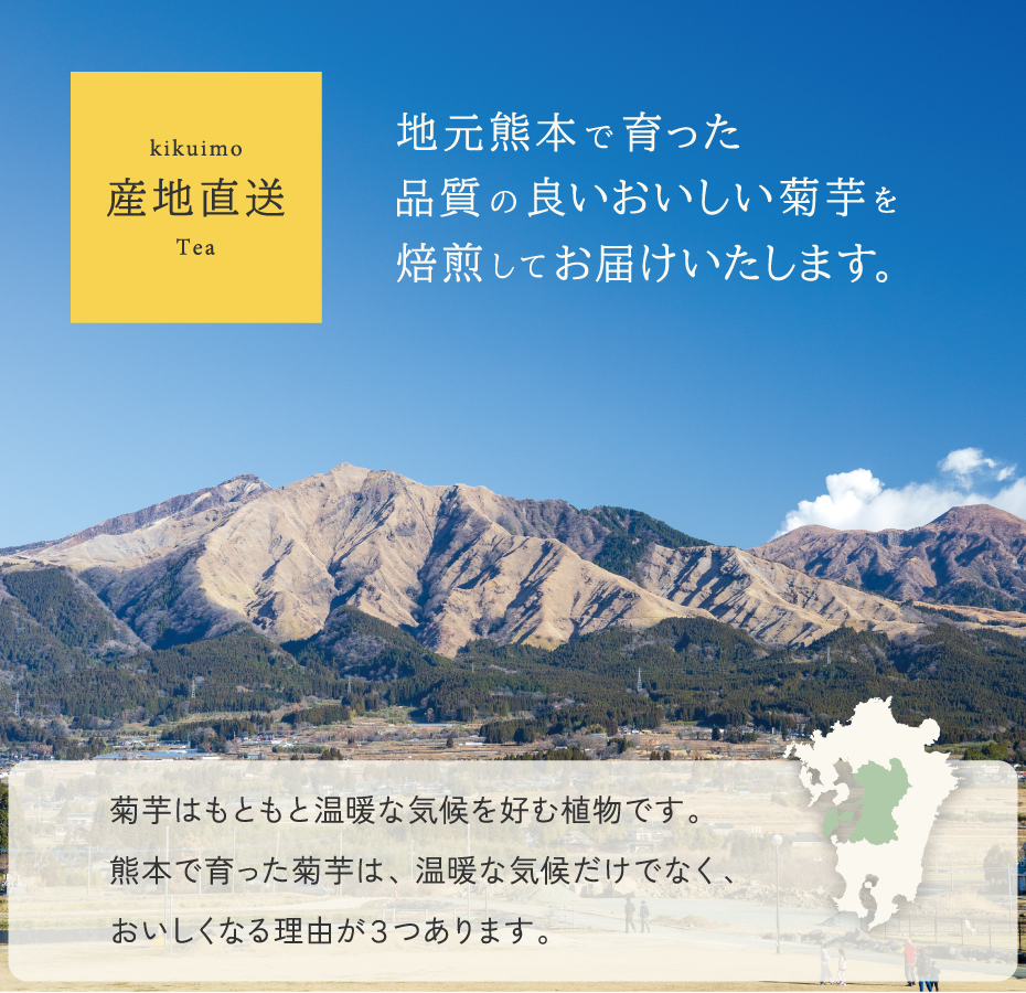 地元熊本で育った、品質の良いおいしい菊芋を、熊本で加工してお届けします。菊芋はもともと温暖な気候を好む植物です。熊本で育った菊芋は、温暖な気候だけでなく、おいしくなる理由が3つあります。