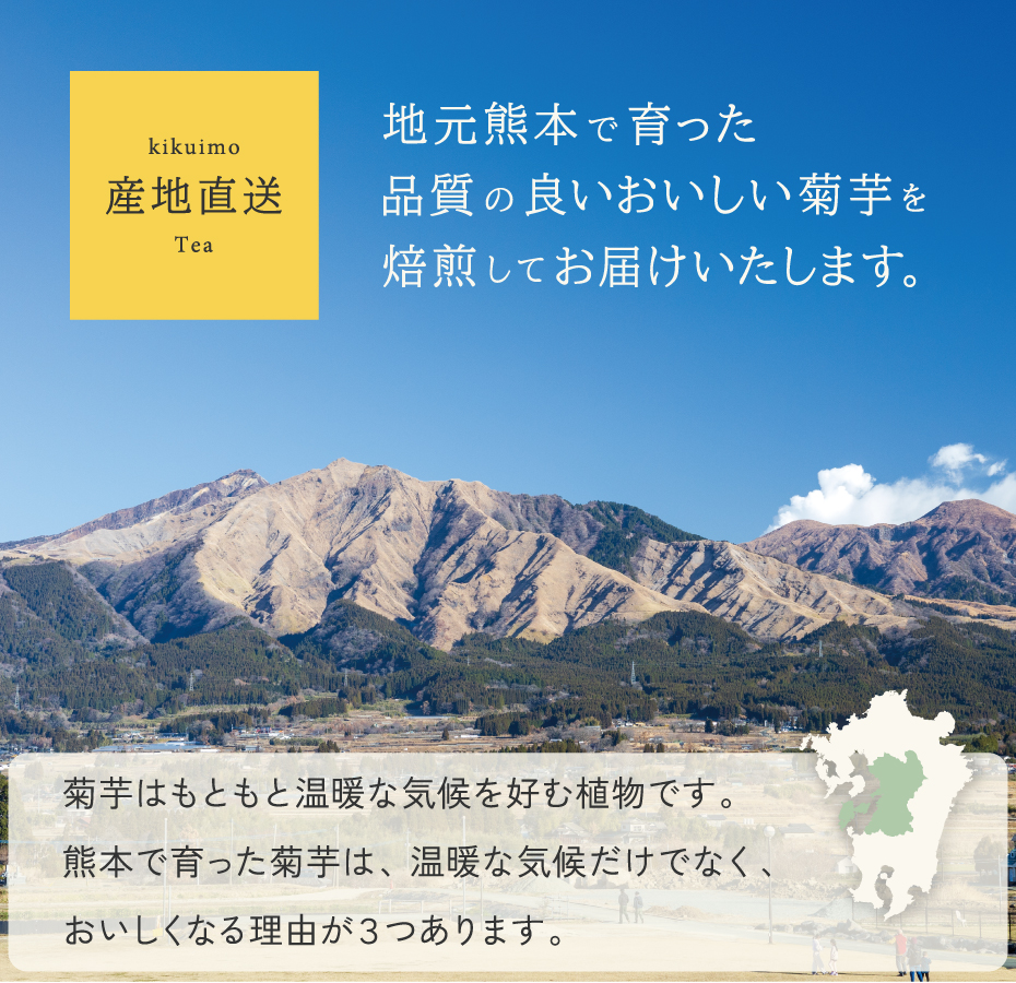 地元熊本で育った、品質の良いおいしい菊芋を、熊本で加工してお届けします。菊芋はもともと温暖な気候を好む植物です。熊本で育った菊芋は、温暖な気候だけでなく、おいしくなる理由が3つあります。