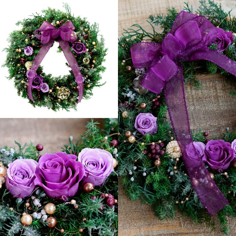 クリスマスリース プリザーブドフラワー 玄関飾り コニファー＆ローズ