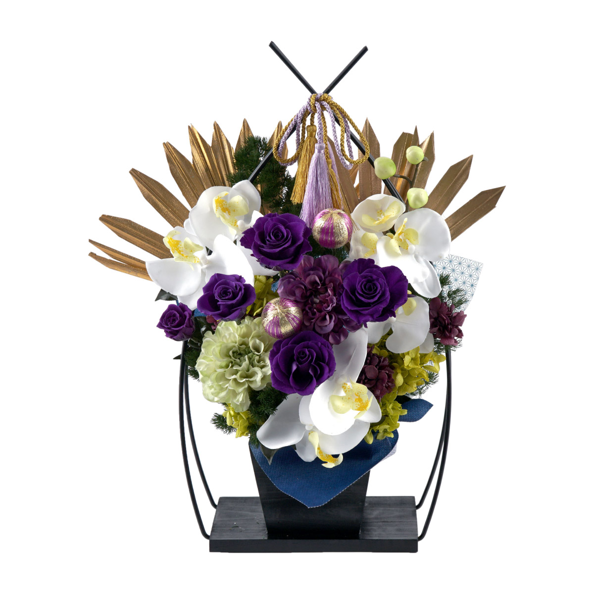 ゴージャスカトレア蘭の御供養花 プリザーブドフラワー花器付き お供え花かご 胡蝶蘭』 プリザーブドフラワー | 横浜花まりか