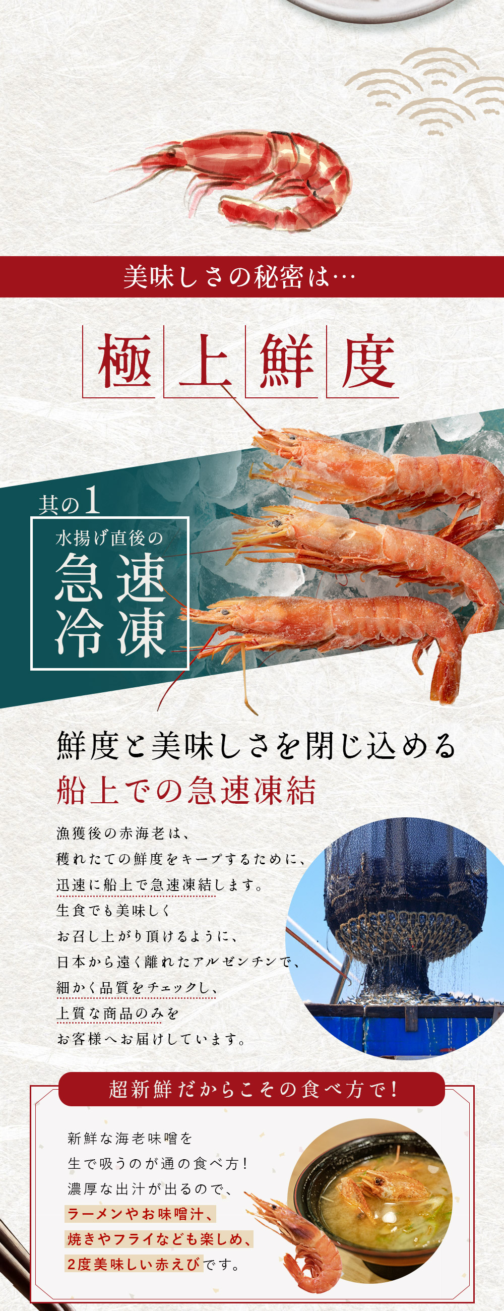 アルゼンチン赤エビの鮮度抜群 お刺身・寿司・カルパッチョに最適