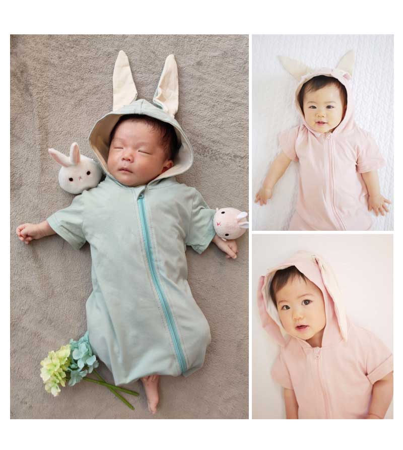 新生児，ベビー用　水色うさぎロンパース ベビー服 パジャマ ロンパース 前開き 赤ちゃん 長袖 ベビー うさぎ