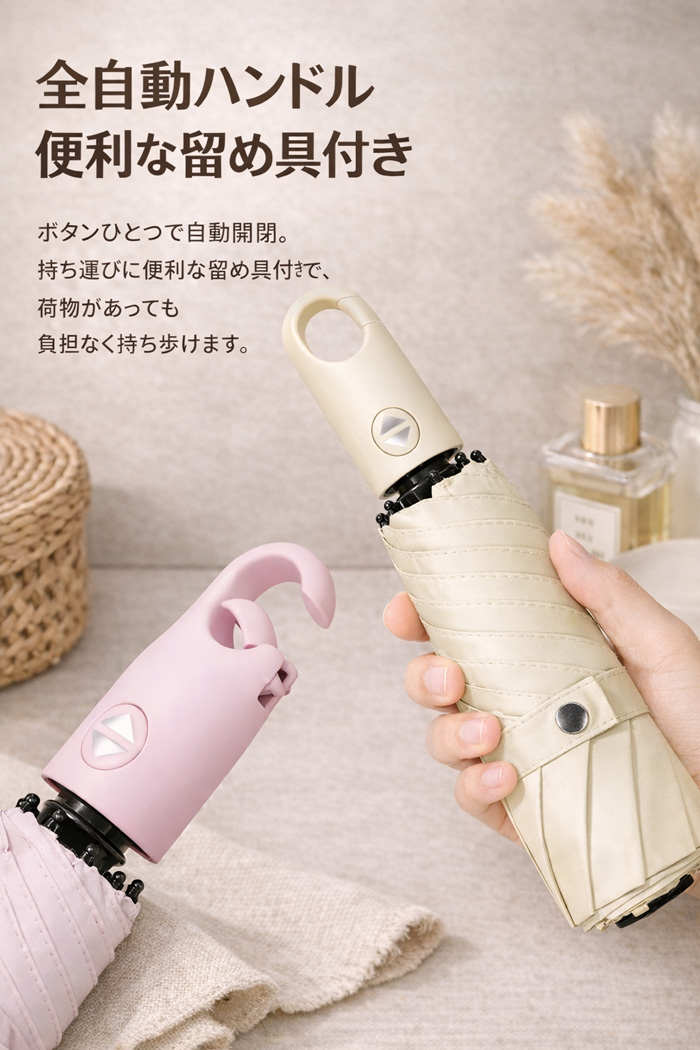 日傘 折りたたみ傘 26新作 カラビナ付き 完全遮光 自動開閉 傘 超軽量 217 6本骨 UVカット 撥水 紫外線対策 日焼け対策 関連画像4