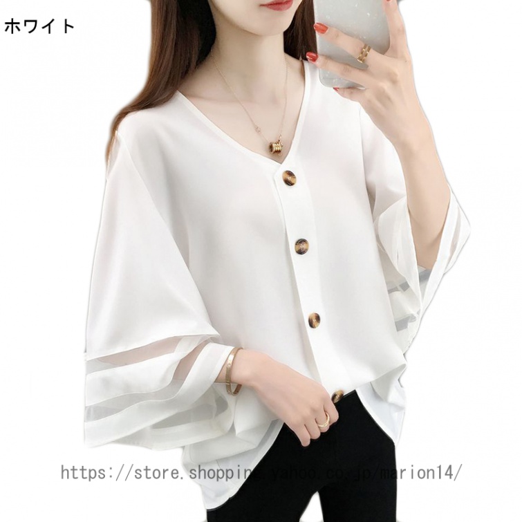 レディース シャツ ブラウス 大きいサイズ フレア ゆったり シフォン オフィス Vネック フレアスリーブ きれいめフラワープリント Vネック シフォンシャツ |  | 01