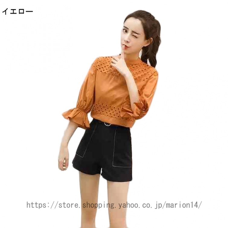 [AYBTO]七分袖 シフォンシャツ レディース フレア ブラウス ボウタイ トップス 柄 ゆったり 薄手 春秋 半袖 ワイシャツ リボン バルーン袖 お洒落 |  | 02