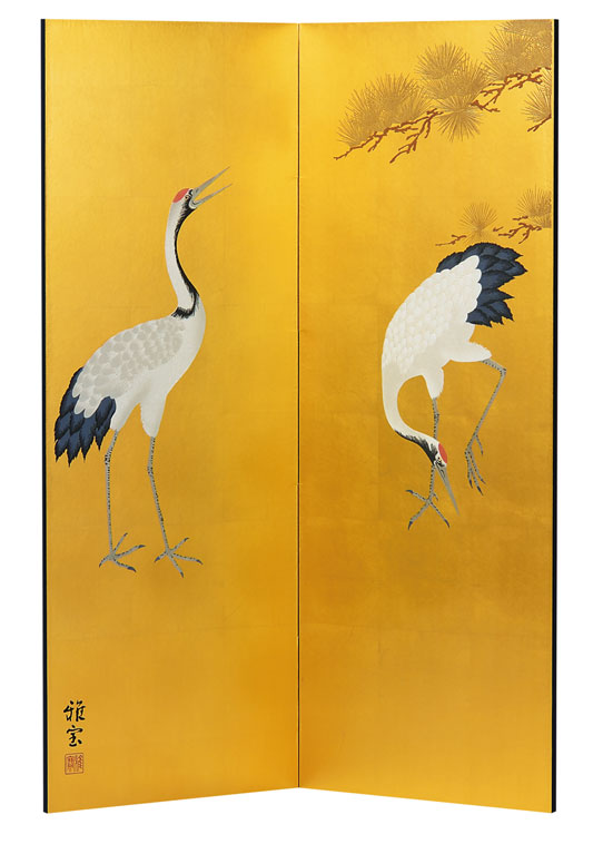 肉筆美術金屏風野口雅宝作 金彩大鶴絵二曲屏風 : まろ庵 - 通販