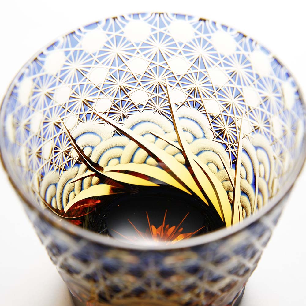 山田硝子 江戸切子 漣 さざなみ 琥珀纏/瑠璃 オールドグラス 縁