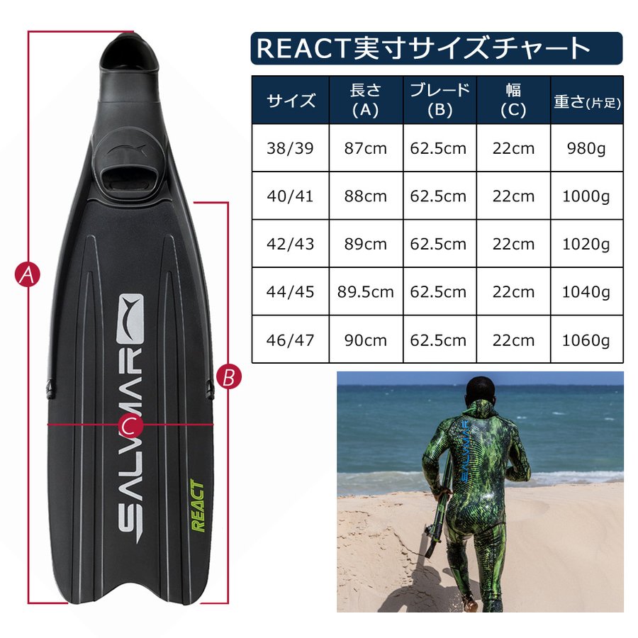 Salvimar サルビマー ロングフィン REACT フィン ダイビング 魚突き 銛 スピアフィッシング 足ヒレ ダイビング シュノーケル 素潜り  ロング スキンダイビング