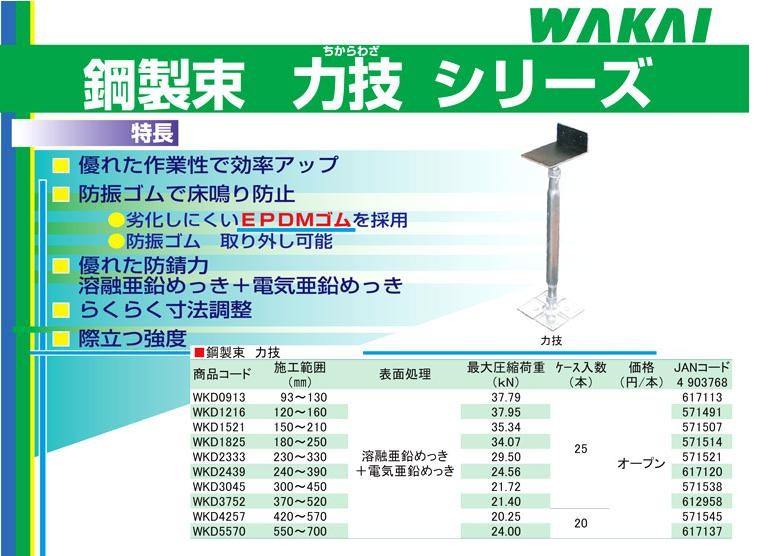 ワカイ【若井産業】住宅用・鋼製束防振ゴム付き力技・チカラワザ　WKD2439（調整範囲：240〜390mm）バラ売り　1本木造住宅用部材　屋内専用