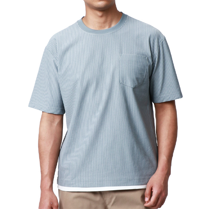 Tシャツ メンズ 夏 ストライプ 半袖 ポケット 付き ティーシャツ フェイクレイヤード ポケットTシャツ ポケットT ポケT シンプル カジュアル M L LL XL 2L｜marukawa7｜02