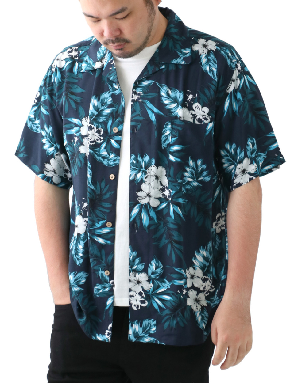 美品✨ALOHA SHIRTS アロハシャツ 半袖 Mサイズ 黒 白 水色 大きいサイズメンズ アロハシャツ 半袖 : マルカワ - 通販