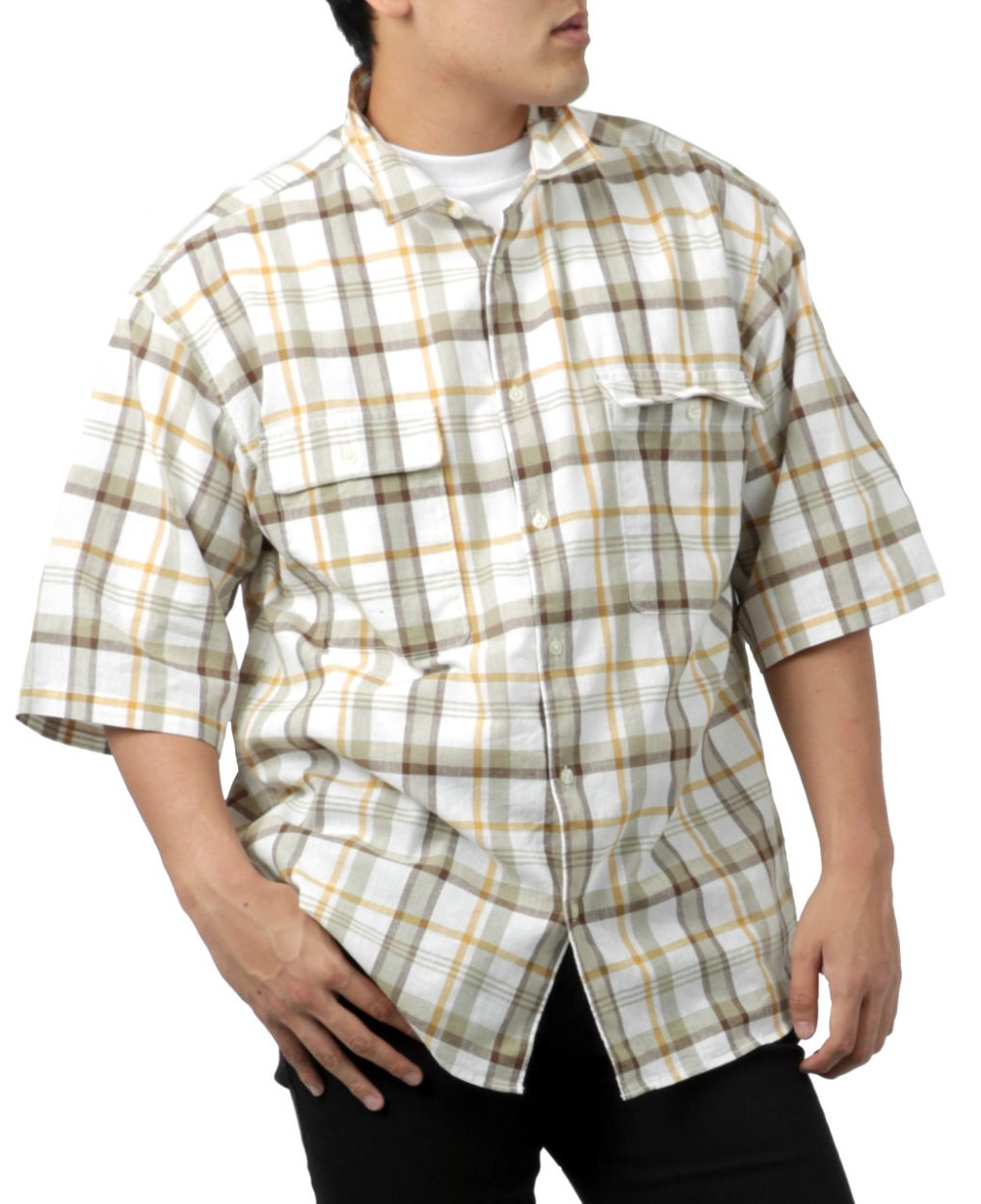 大きいサイズ メンズ チェックシャツ 半袖 ストレッチ 綿麻 混麻 リネン レギュラーシャツ マルカワ 通販 Yahoo ショッピング