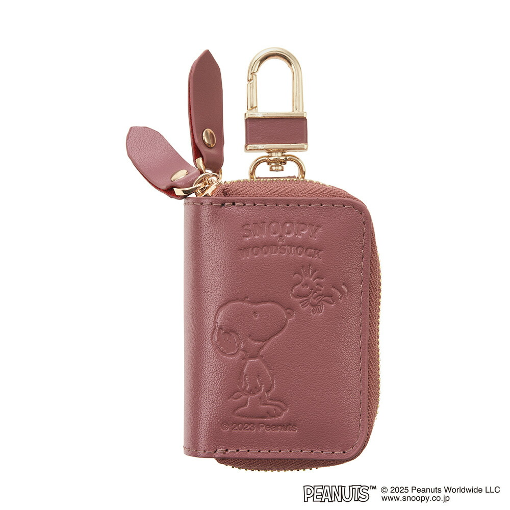 PEANUTS キーケース 小銭入れ 鍵 ケース 型押し 本革 2層式 カラビナ付