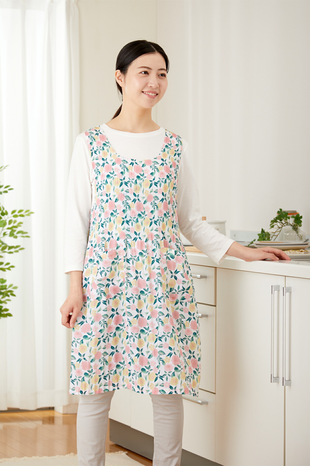 チュニック エプロン レディース Aライン 花柄 プリーツ ポケット付き