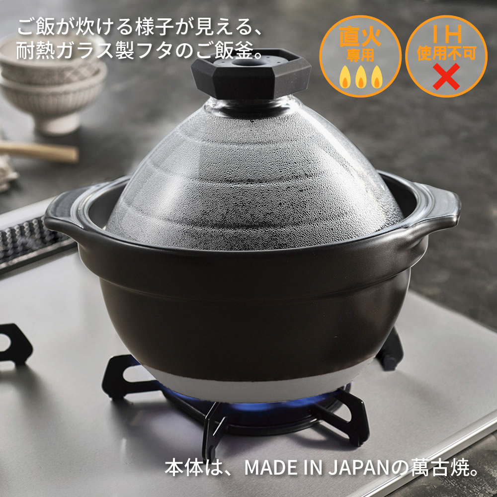 HARIO（ハリオ） フタがガラスのご飯釜2〜3合 GNR-200-B-W 炊飯 土鍋