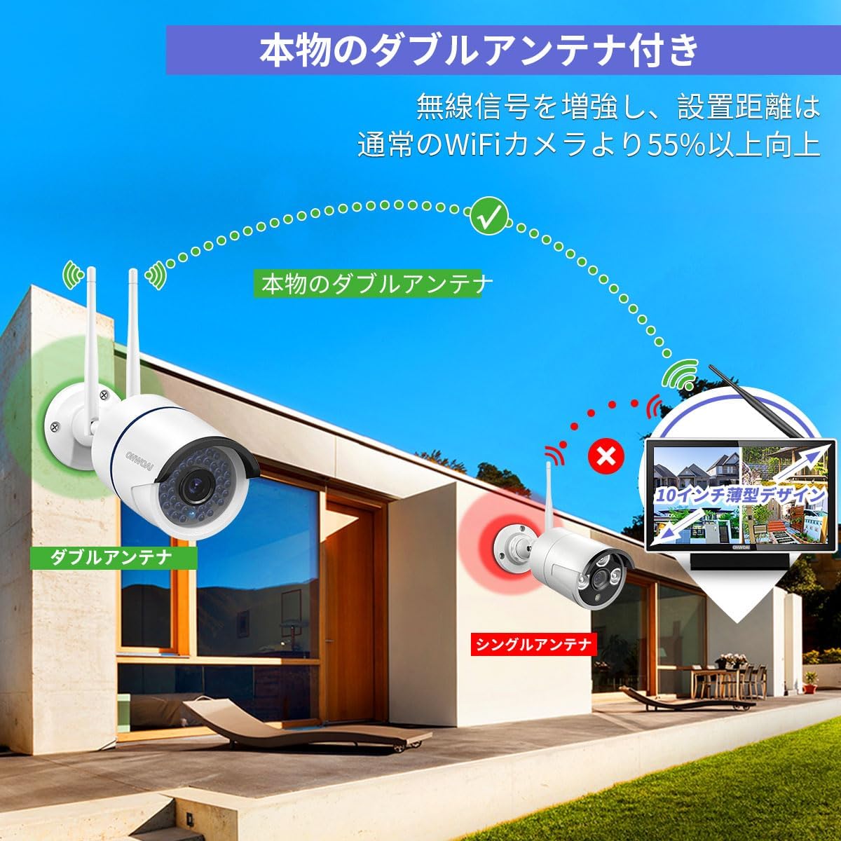 4台 300万画素 ワイヤレス防犯カメラセット ワイヤレス防犯カメラ wifi 屋外+10インチモニター一体型NVR(屋内/屋外対応 10チャネルまで増設可能 1TBHDD内蔵)｜marumi-store｜02