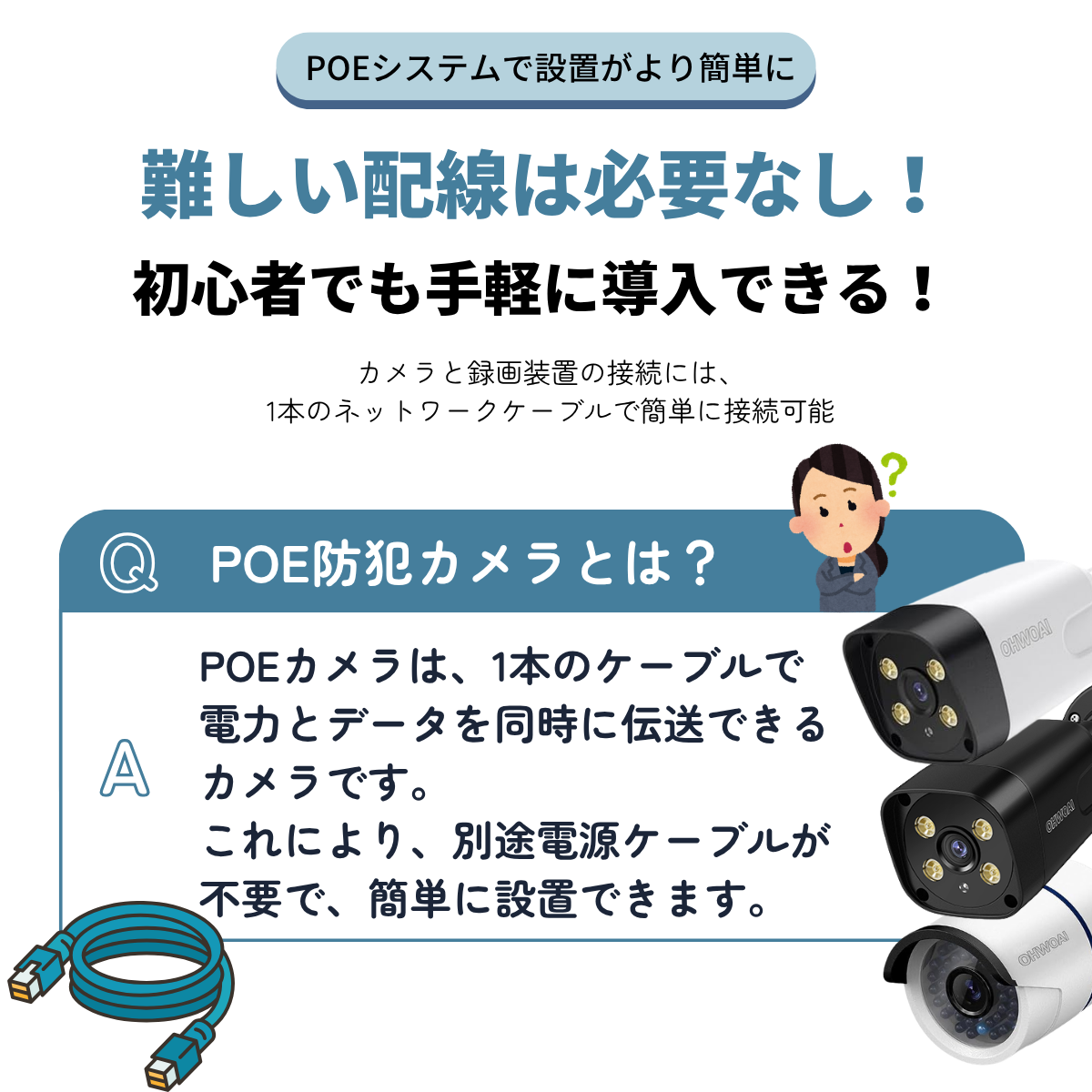 防犯カメラ 増設用 POE給電 800万画素 双方向通話 130°広角 単体使用