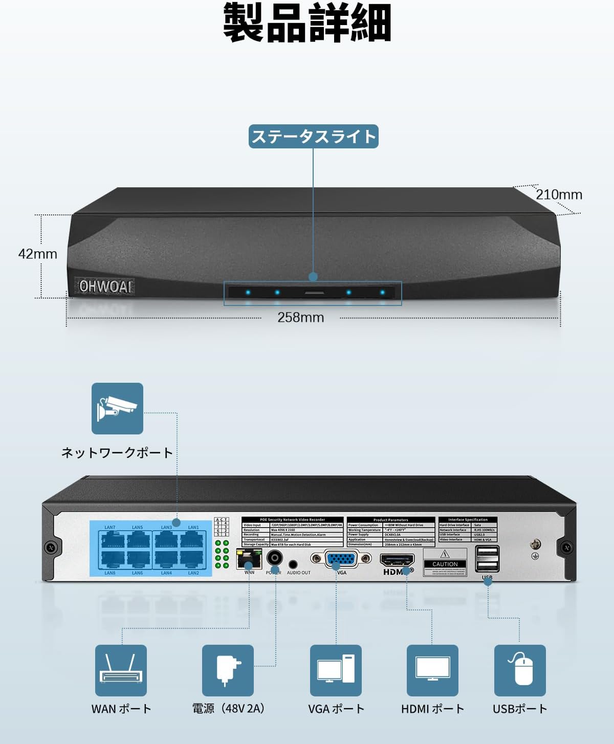 OHWOAI POEレコーダー POE給電録画機 4K 800万画素 防犯カメラ NVR