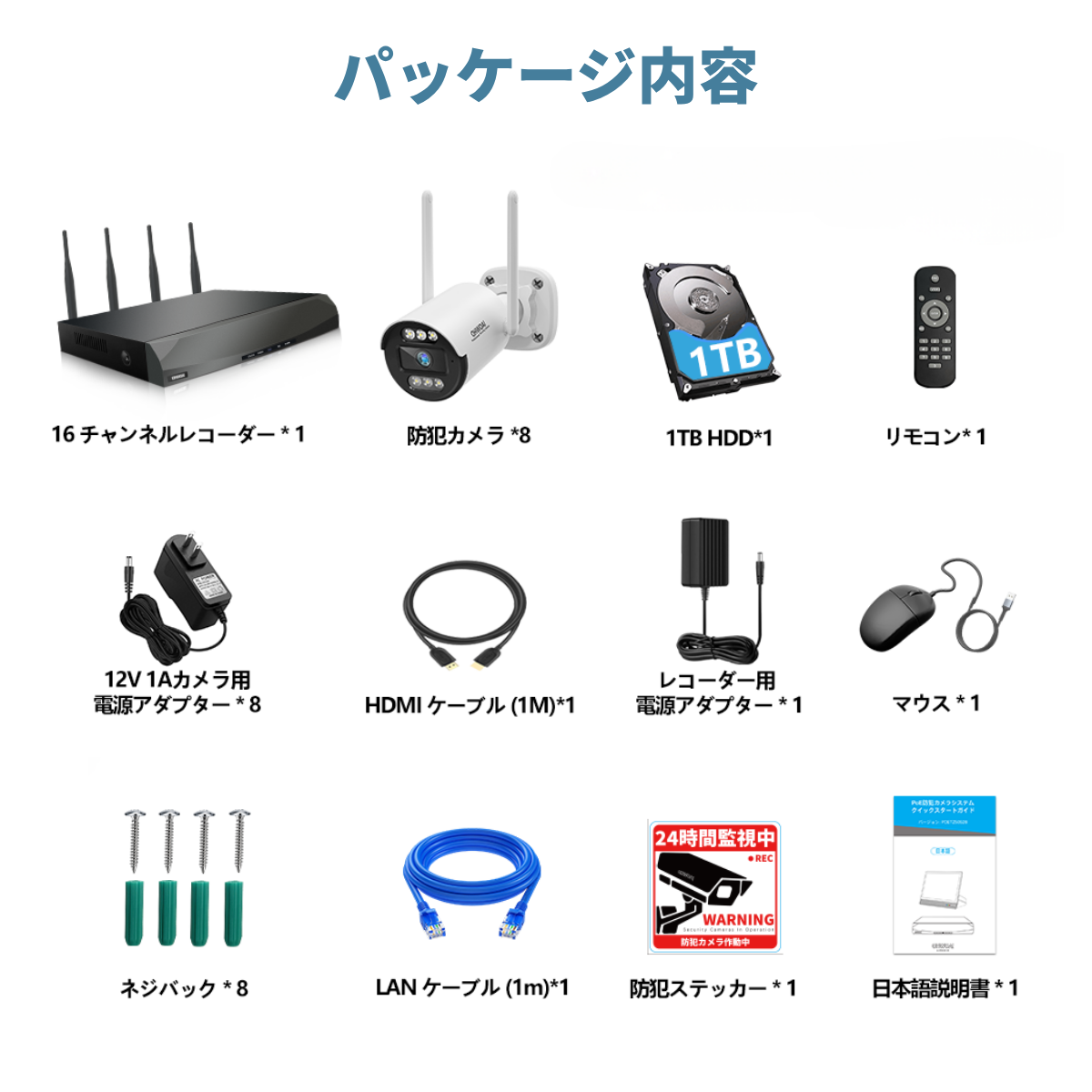 防犯カメラ 屋外 wifi ワイヤレス セット 8台 300万画素 室内 無線