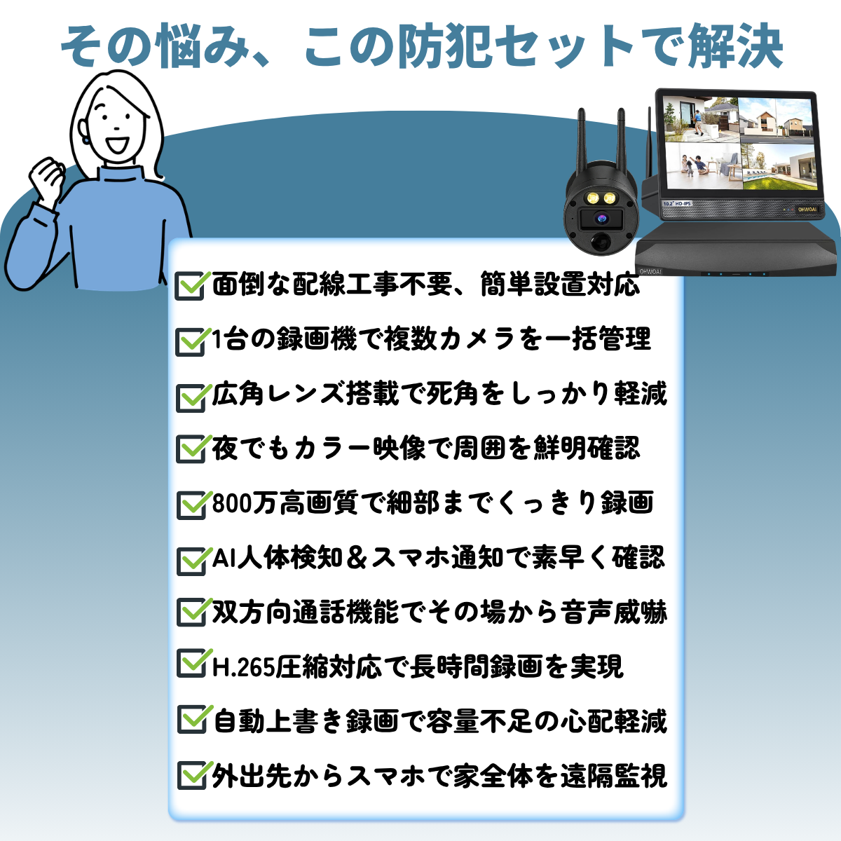 防犯カメラ 屋外 家庭用 ワイヤレス 800万画素 人感センサー モニター