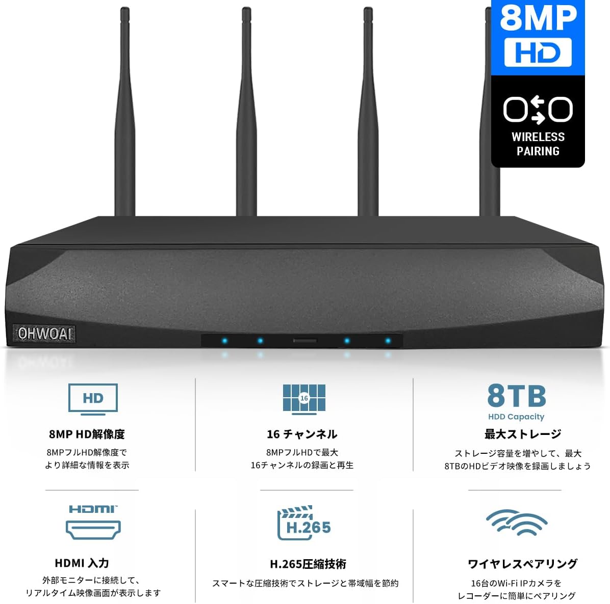 OHWOAI 防犯カメラ レコーダー 録画機 ワイヤレスカメラだけ適用 500万