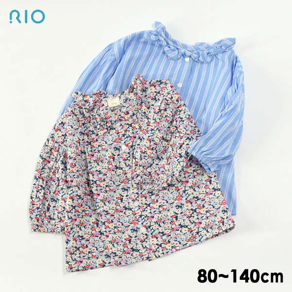 リボンブラウス キッズ ベビー 長袖ブラウス 長そで 花柄 ストライプ リオ RIO 4025272 P13052-31-m14mm メール便可 :4025272:MARUMIYA WORLD 通販 襟フリル花柄甚兵 100cm 即日発送 handmade