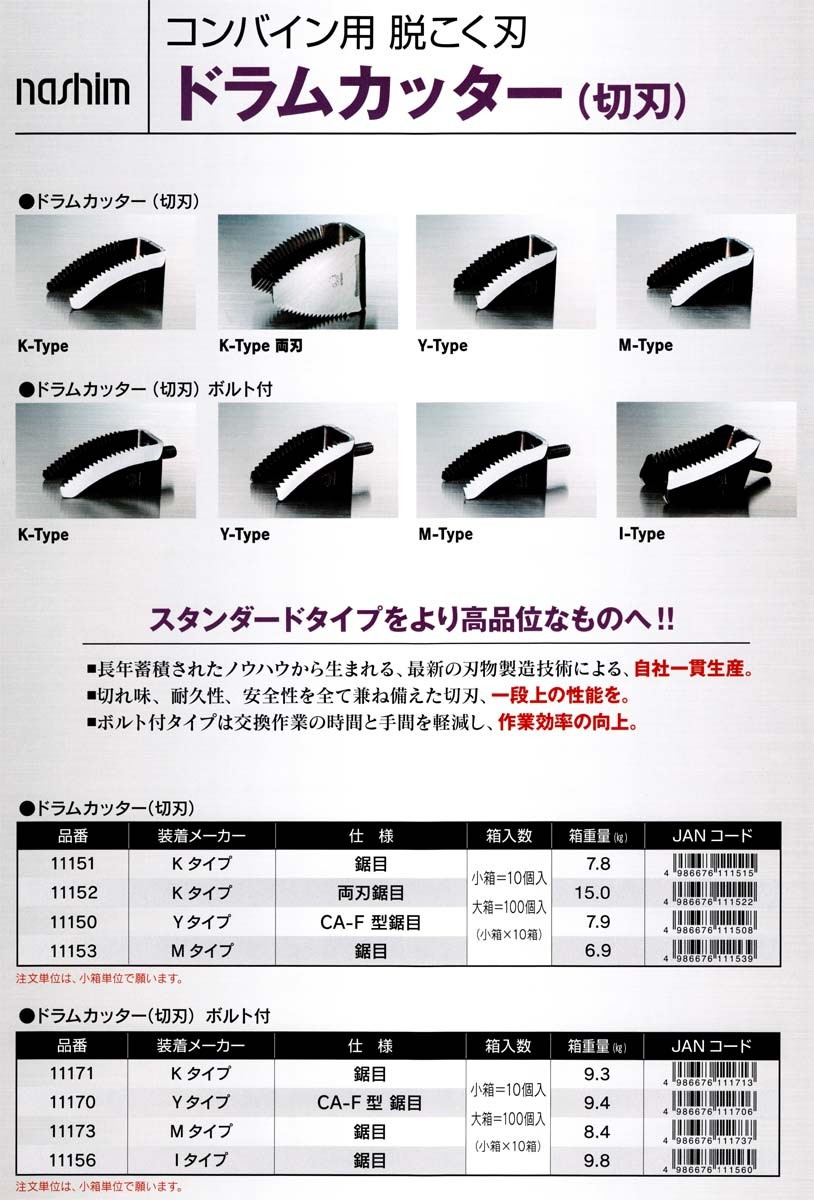 クボタコンバイン用 脱こく刃 ドラムカッター K-Type 両刃 (両刃鋸目