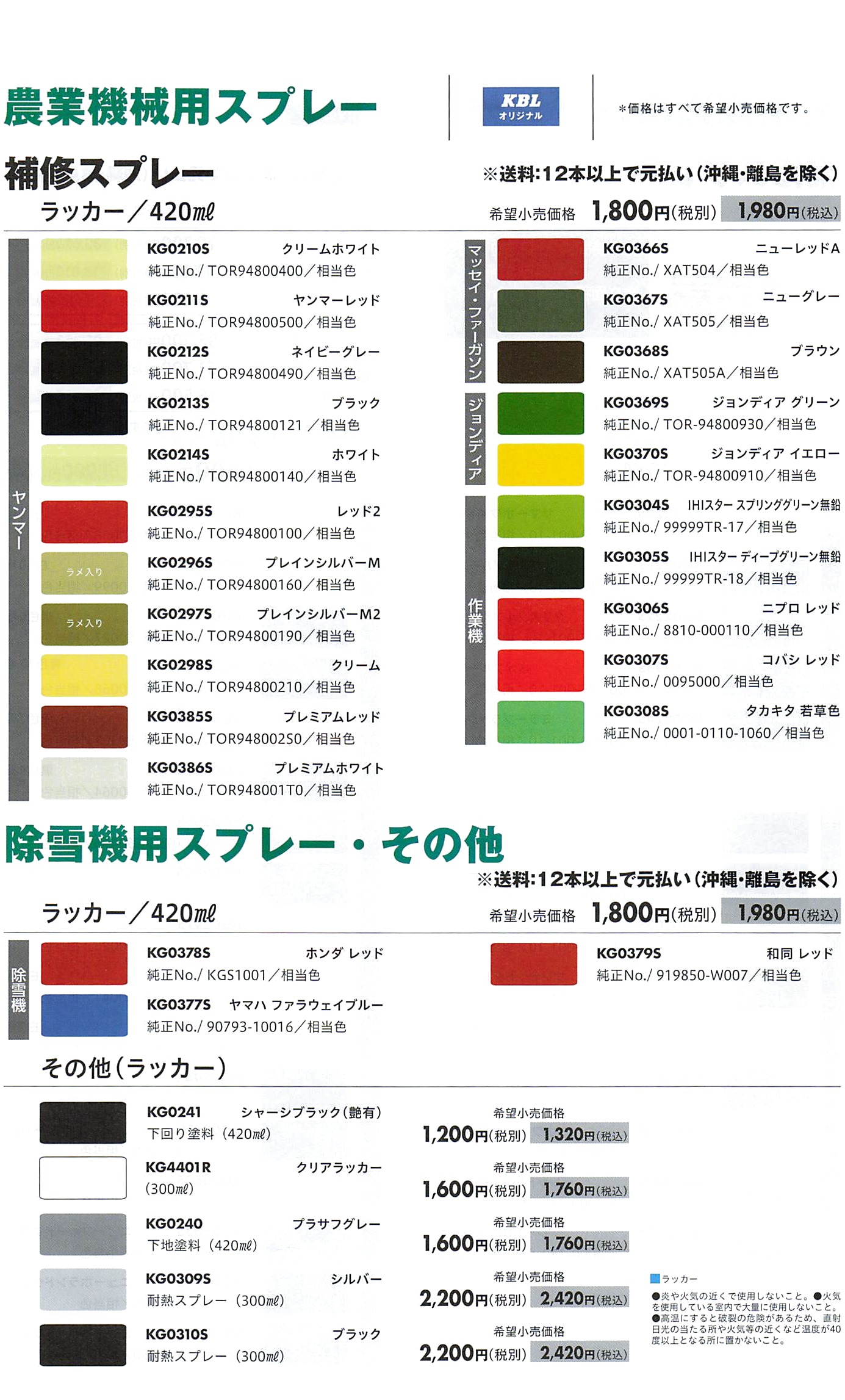 KBL 農業機械用塗料スプレー クボタ 緑-20号無鉛 (1本(420ml)) (品番