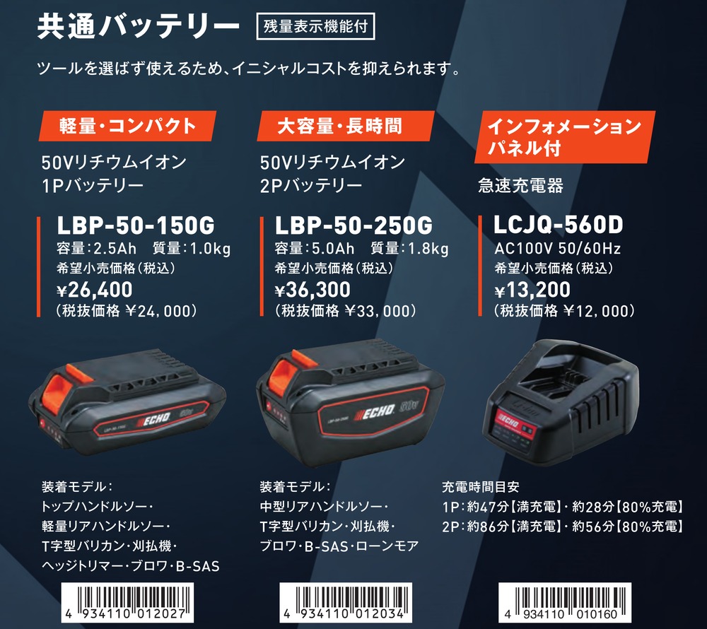 ヤマビコ ECHO エコー 50Vバッテリーツール用 共通バッテリー LBP-50