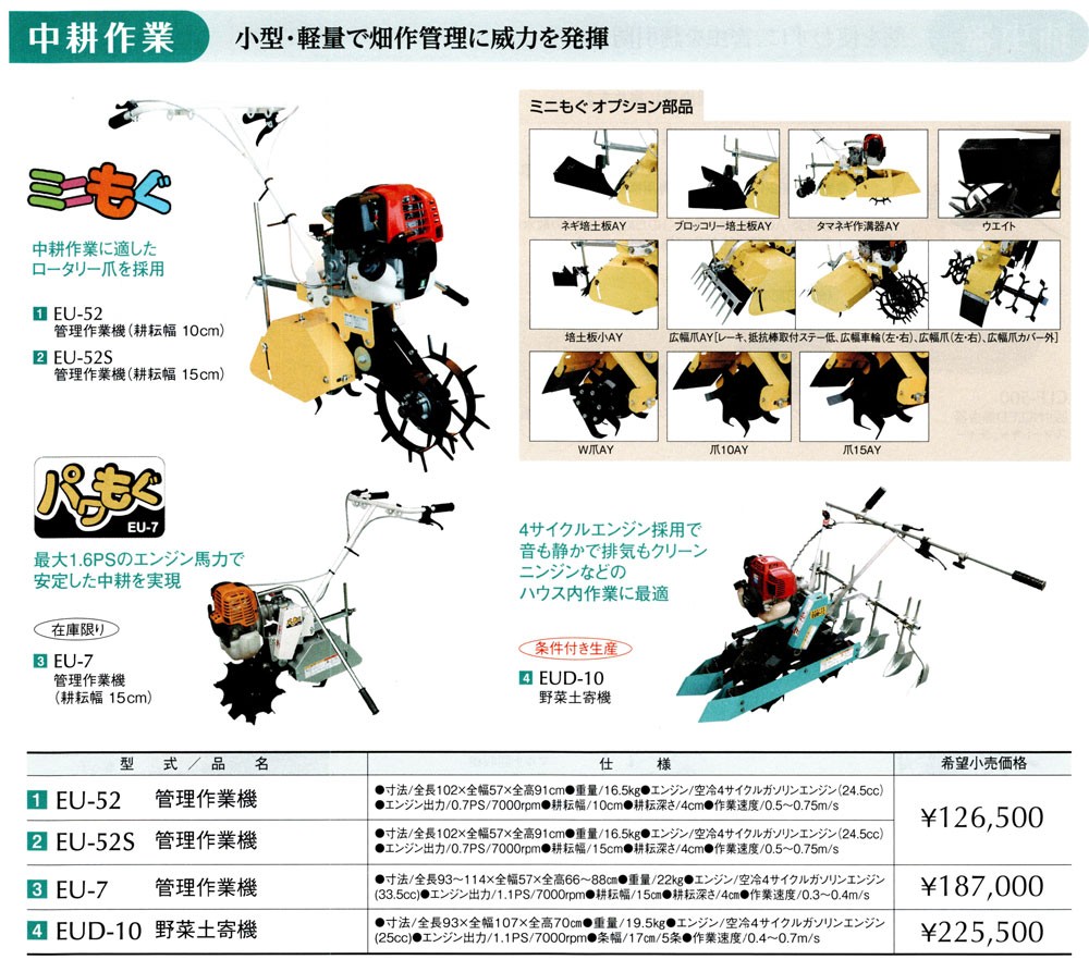 MINORU みのる産業 管理作業機 ミニもぐ EU-52 (耕うん幅 10cmタイプ) (管理機 中耕作業) : 100417186 : マルショー  ヤフー店 - 通販 - Yahoo!ショッピング