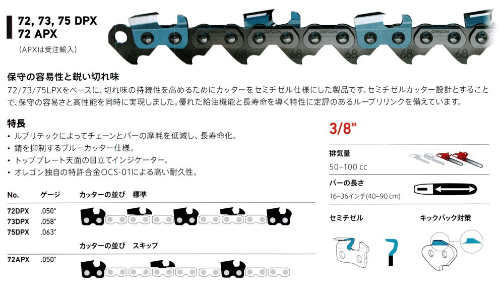 高い素材 OREGON オレゴン チェンソー用替刃 リールチェーン 72DPX 長