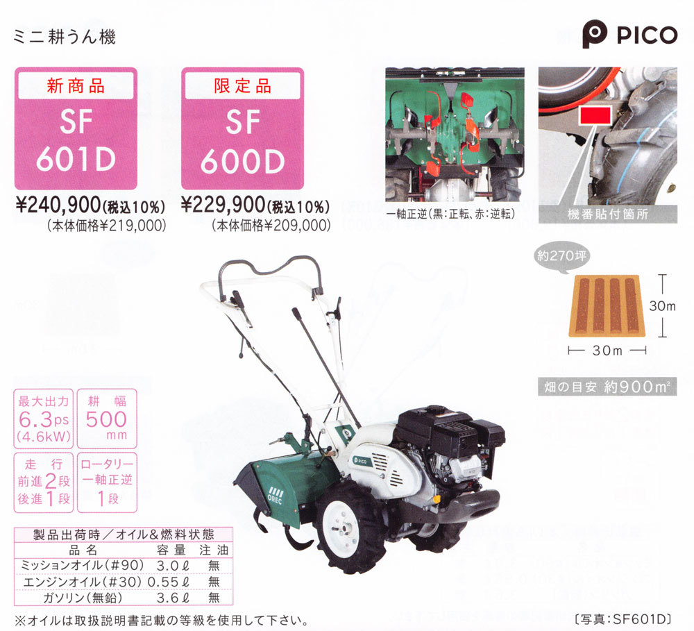 OREC オーレック ミニ耕うん機 PICO ピコ SF601D (耕耘機 管理機