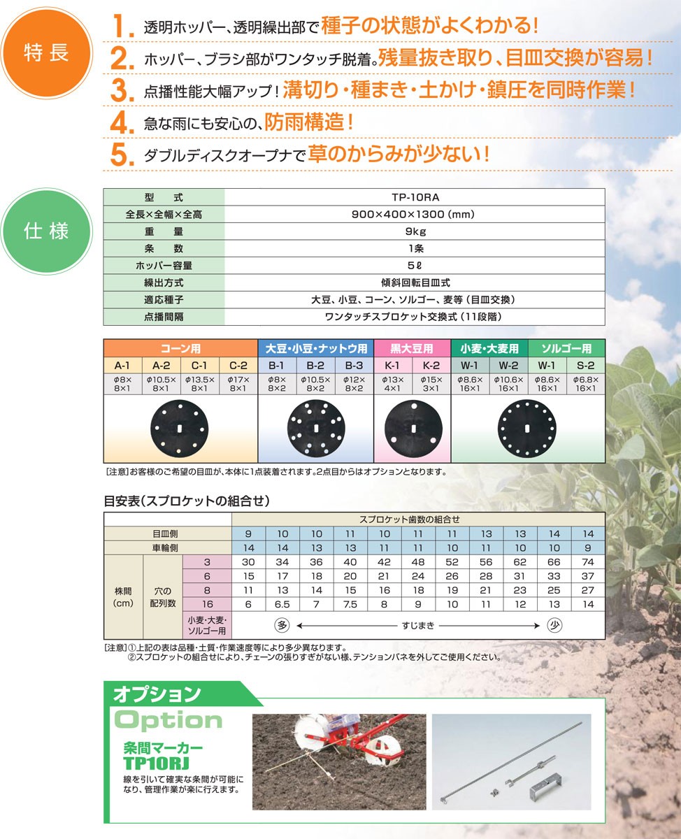 アグリテクノサーチ 目皿式播種機クリーンシーダ TP-10RA用 目皿 小豆