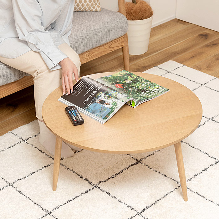 ホワイトオーク材ラウンドテーブルLサイズ 直径70cm 木製 3本脚 円形