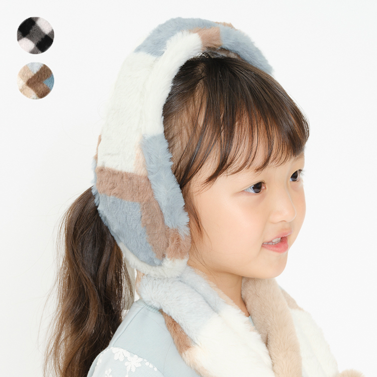 【子供服】 Kids Foret (キッズフォーレ) ふわふわチェック柄フェイクファーイヤーマフ FREE B63811