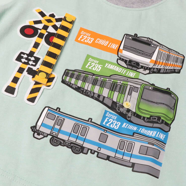 新品・未使用✨【完売品】ミキハウス　乗り物　電車　半袖Tシャツ　90cm 男の子 moujonjon（ムージョンジョン） 子供服 在来線電車踏切仕掛け半袖T