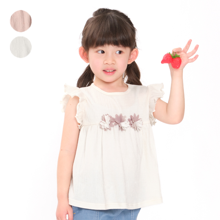 【子供服】 t/mini (ターカーミニ) お花付き袖フリルシャーリングTシャツ 80cm〜130cm K42800｜marutaka-iryo
