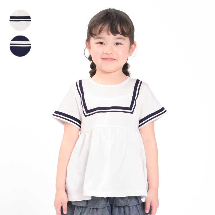 【子供服】 moujonjon (ムージョンジョン) ライン入りセーラーデザイン半袖Tシャツ 80cm〜140cm M42801｜marutaka-iryo