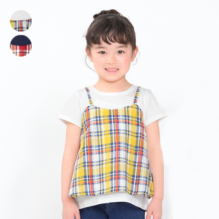 【子供服】 moujonjon (ムージョンジョン) マドラスチェックレイヤード風半袖Tシャツ 80cm〜140cm M42803｜marutaka-iryo
