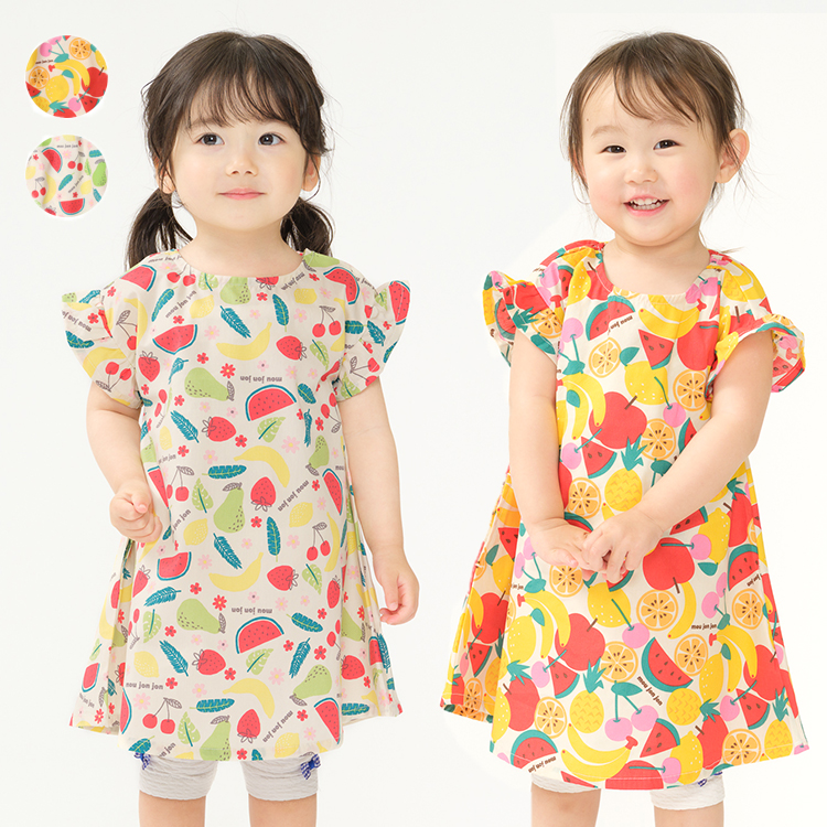 再値下げ 25夏SALE40%OFF価格moujonjon (ムージョンジョン) フルーツ総柄フリル袖ワンピース M44360 | moujonjon