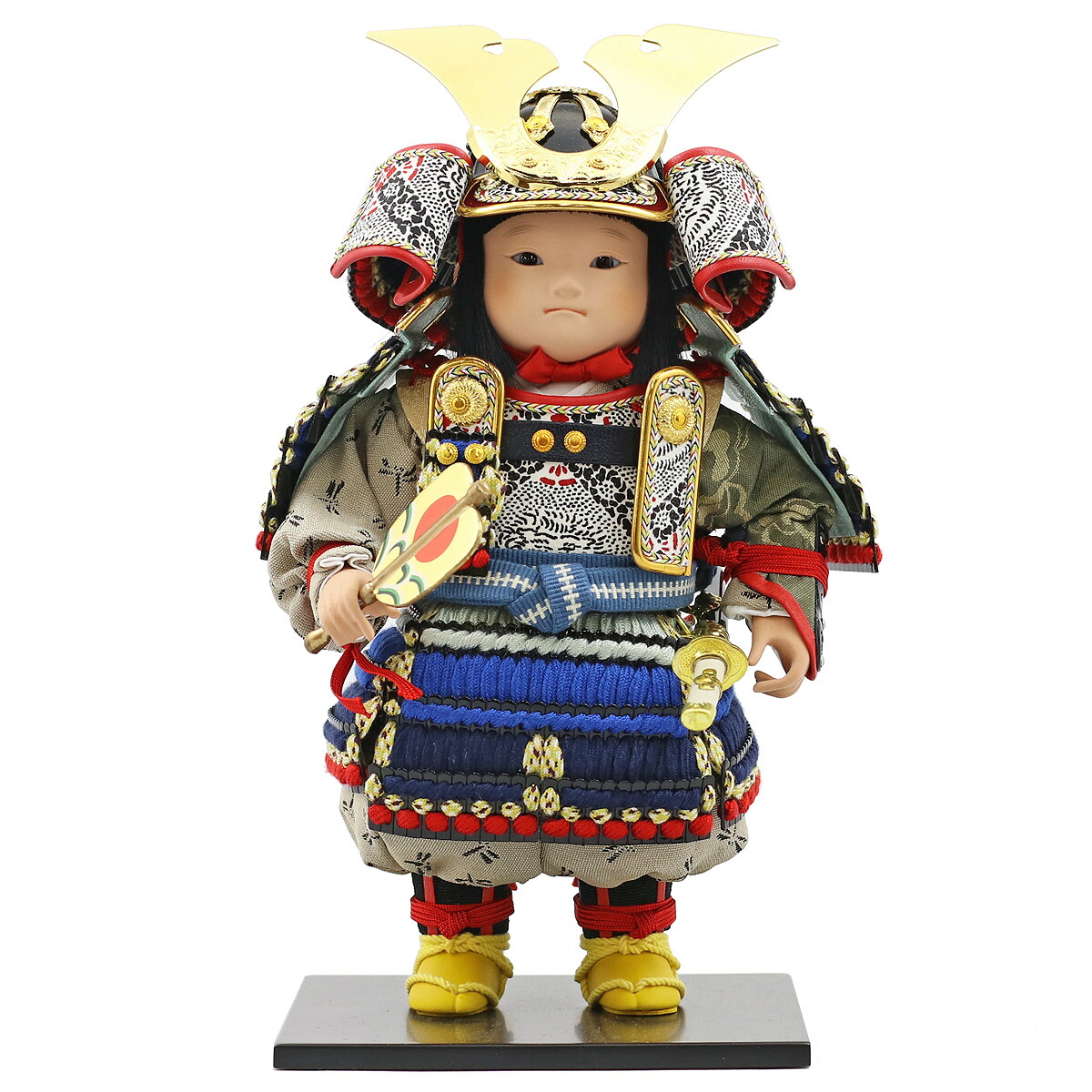五月人形 幸一光 子供大将飾り 希（のぞみ） 黒小札紺裾濃威 透かし麻の葉模様 木製 円形 三日月形飾り台 (大) コンパクト おしゃれ_5