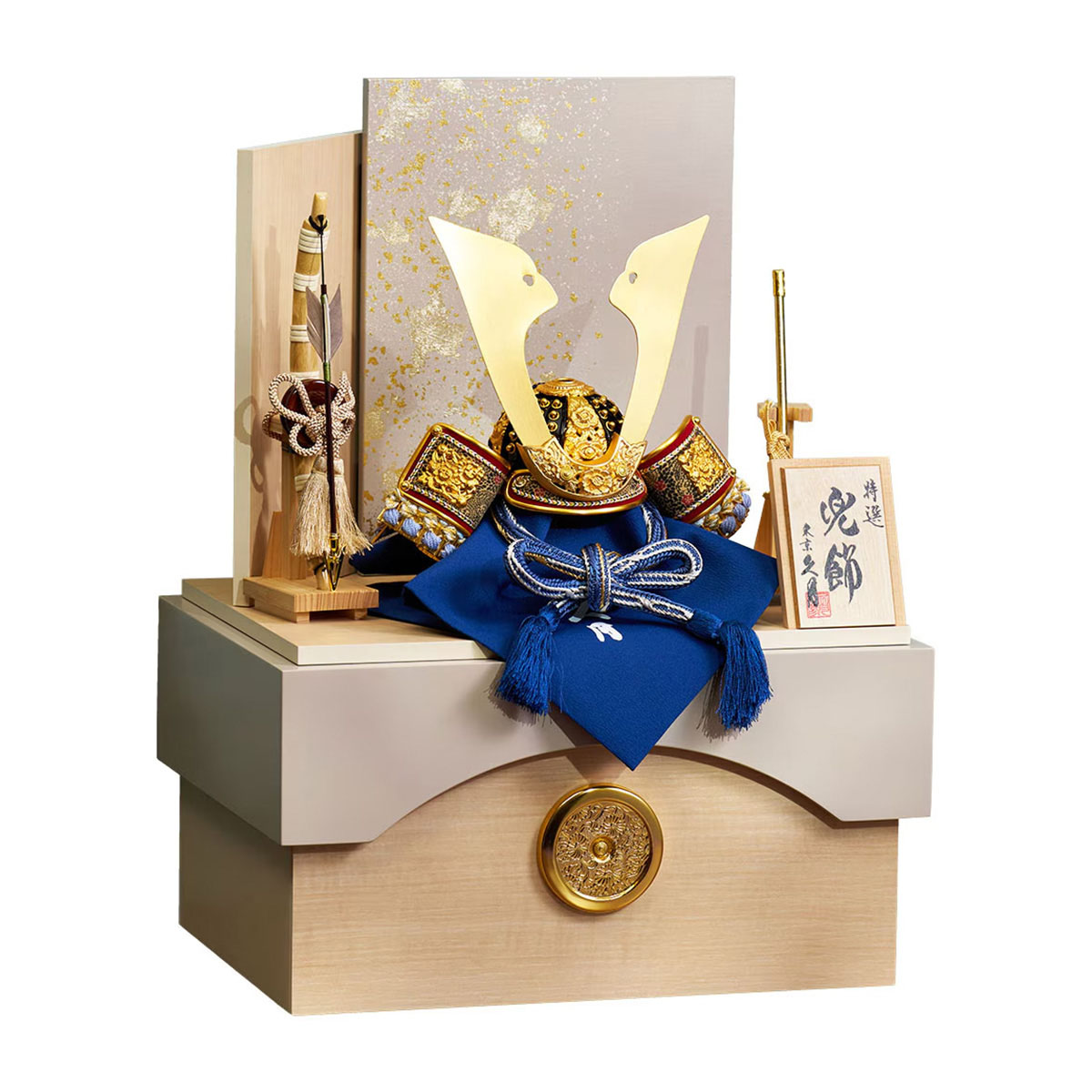 F9 訳あり特価！収納兜飾り　8号凛　　五月人形　5月兜飾り　収納兜飾り 久月 五月人形 兜収納飾り 8号 兜 収納飾り 正絹 青裾濃縅 白木 木目
