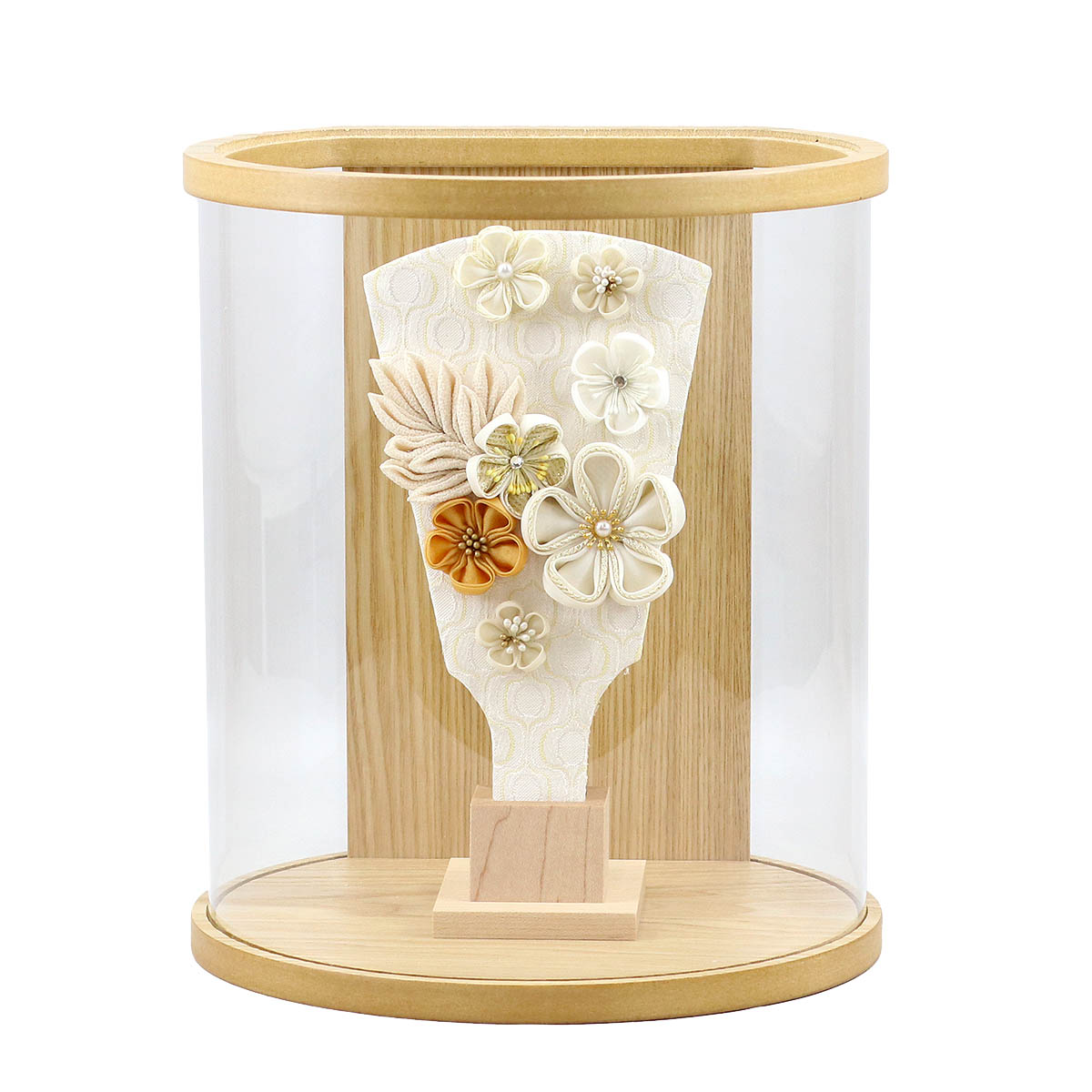 羽子板 お祝い 初正月 つまみ細工 白/モカ タモ 白木 まどか 円形 筒型