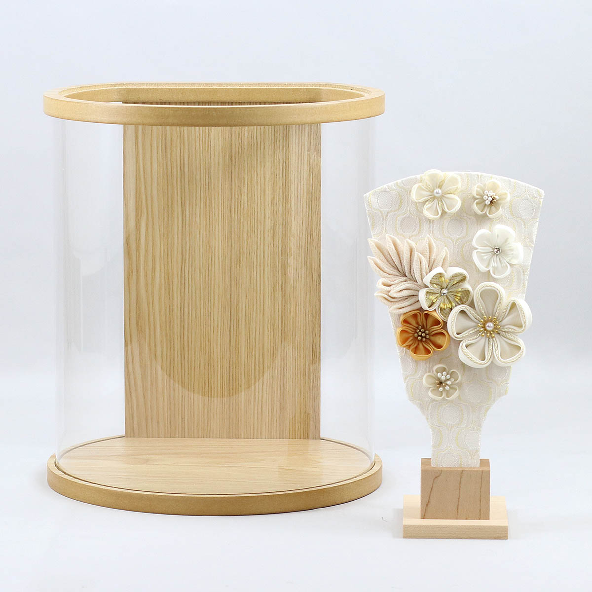 羽子板 お祝い 初正月 つまみ細工 白/モカ タモ 白木 まどか 円形 筒型