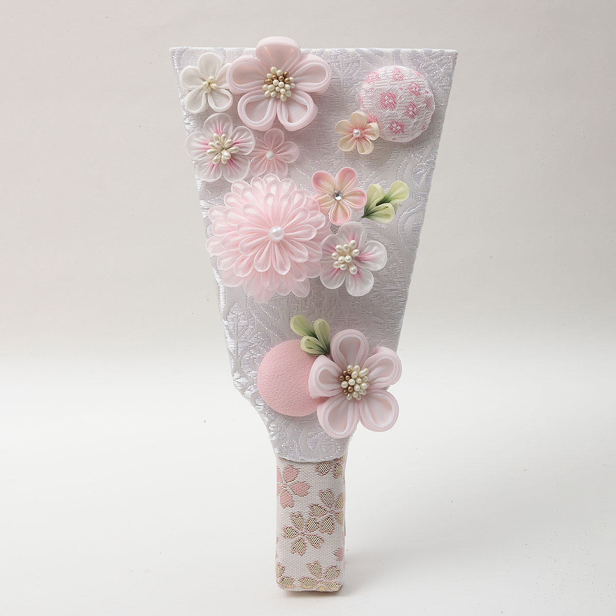 久月 羽子板 お祝い 初正月 7号 つまみ細工 桃 アイボリー塗 アクリル